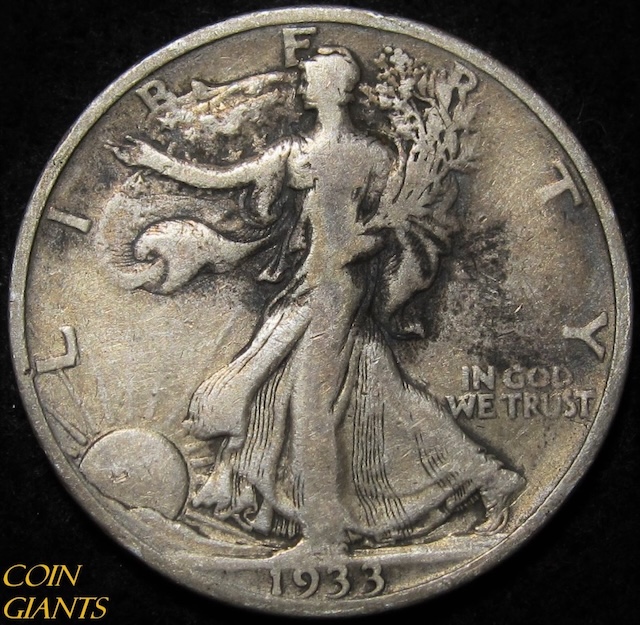 1933-S Walking Liberty Half Dollar Doubled Die Obverse close-up showing doubling on date and motto