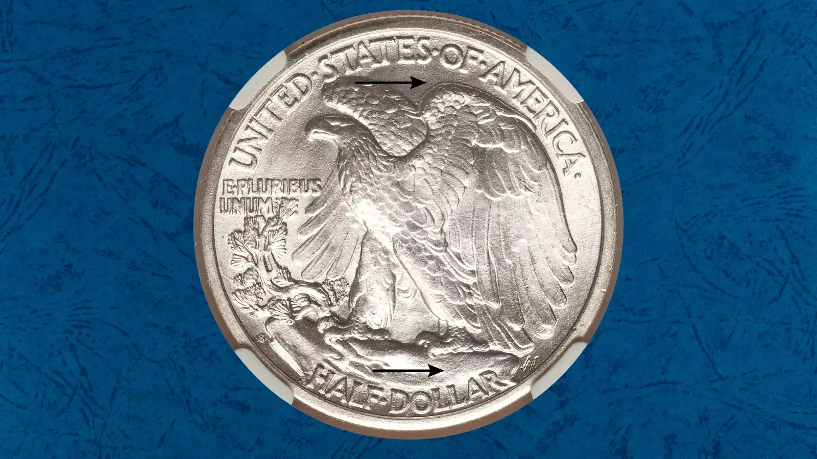1933-S Walking Liberty Half Dollar reverse showing documented die crack through eagle's wing area