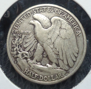 1933-S Walking Liberty Half Dollar Liberty's left hand and branch showing characteristic San Francisco strike weakness