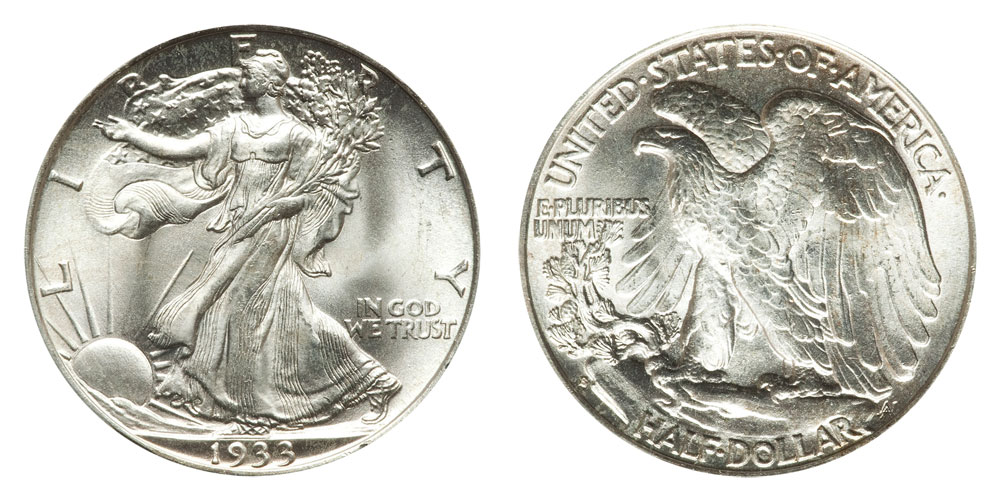 San Francisco Mint building or group of 1933-S Walking Liberty Half Dollar specimens showing typical grades
