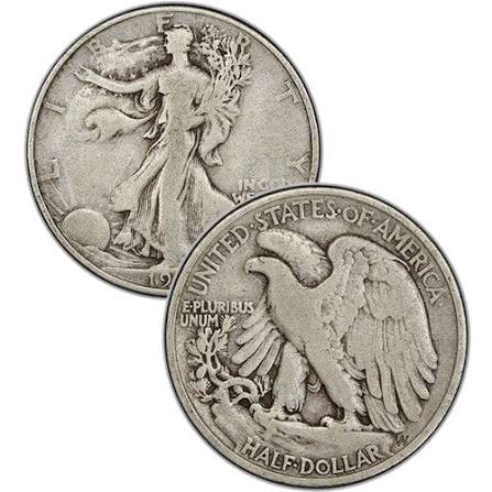 1933-S Walking Liberty Half Dollar grading strip showing Good, VF, AU-55, and MS-65 condition side by side